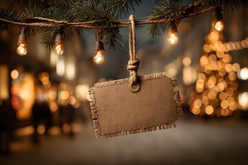 Sign hanging from a Christmas tree with lights in the background. The sign is hanging from a rope and is made of brown material