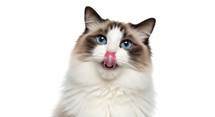 A fluffy Ragdoll cat with icy blue eyes playfully flicks its tongue to its nose, framed by soft fur and a clean white backdrop.
