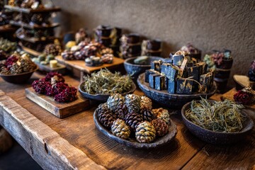 Wooden display of artisanal soaps and dried botanicals