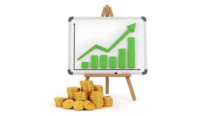 A green arrow with a golden coin stack on a white background.