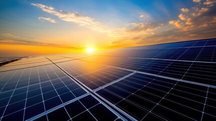 Solar panels at sunset clean energy and a beautiful sky