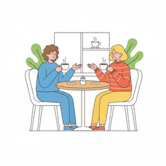 Retired Senior Couple Enjoying Coffee and Conversation Illustration