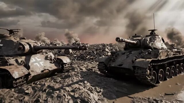 World War II Tank Battle Aftermath - The video shows the aftermath of a World War II tank battle, with two German tanks prominently displayed amidst the wreckage.