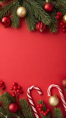 A festive flat-lay composition featuring green fir branches, red and gold ornaments, and candy canes along the top border against a bold red background. A clean, modern Christmas scene full of holiday