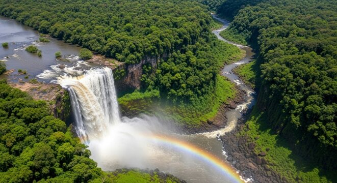 Aerial view of a majestic waterfall cascading into a lush green jungle with a vibrant rainbow.