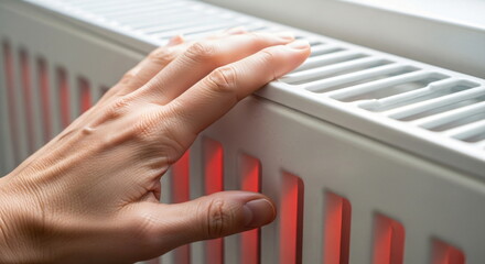 Woman hand touching a white warm radiator, heat from heating element flowing. Cozy warm home, energy saving and economy concept footage.