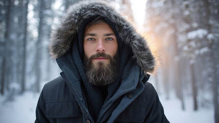 A young man smiles in a snowy winter forest. A guy walks outside in a park. Portrait of a man in the fresh air in winter. An active lifestyle in winter during vacation or holidays.