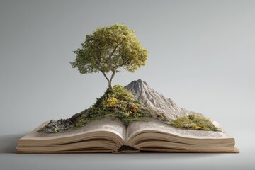 Open book with miniature mountain & tree