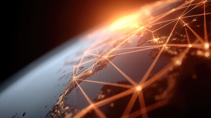 Glowing map wall with orange network lines, digital world connection, futuristic technology, global communication concept