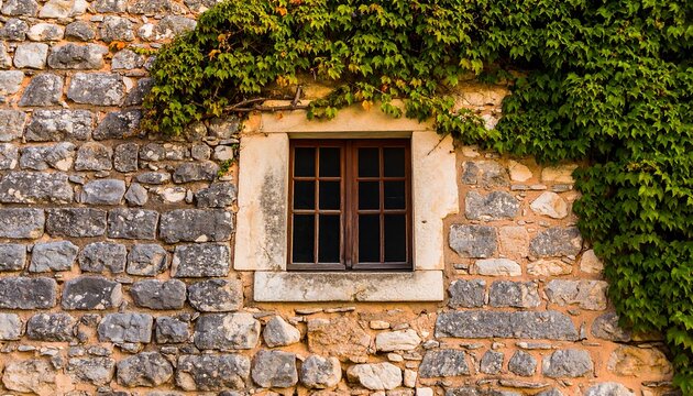 Stone wall with window and ivy