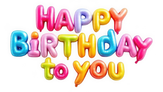 Inflatable Balloon Letters Happy Birthday to You isolated on transparent background. Glossy Bright Pink Purple Yellow Orange Blue. Festive Reflective Text.