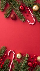 A festive flat-lay composition featuring green fir branches, red and gold ornaments, and candy canes along the top border against a bold red background. A clean, modern Christmas scene full of holiday