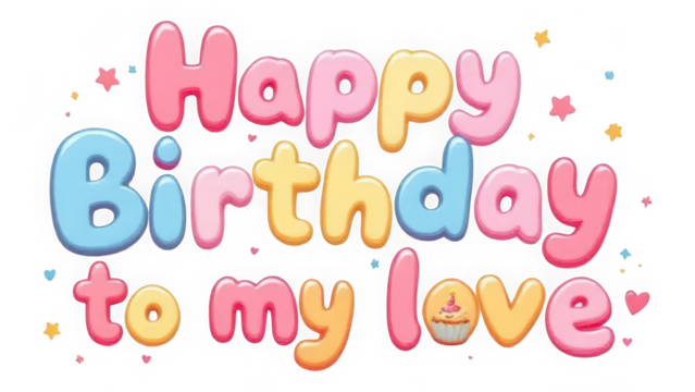 Happy Birthday to my Love Puffy Balloon Text isolated on transparent background. Playful Pastel Pink Blue Yellow Typography. Romantic Celebratory Star Sparkle Graphic.