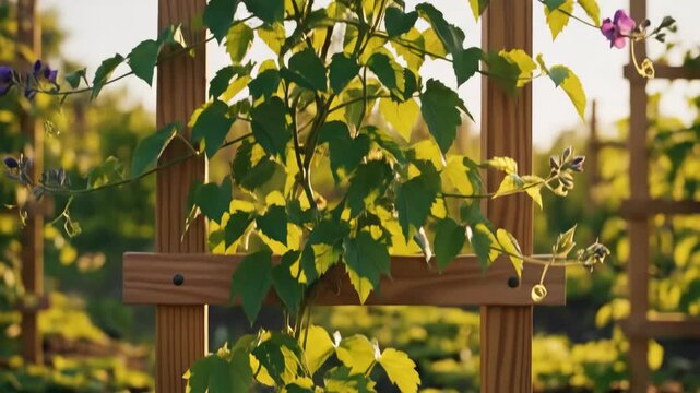 Vine Growing on Wooden Trellis - The video shows a vine with vibrant green leaves climbing a wooden trellis.