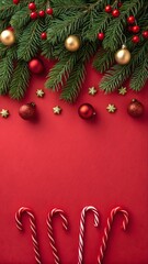 A festive flat-lay composition featuring green fir branches, red and gold ornaments, and candy canes along the top border against a bold red background. A clean, modern Christmas scene full of holiday