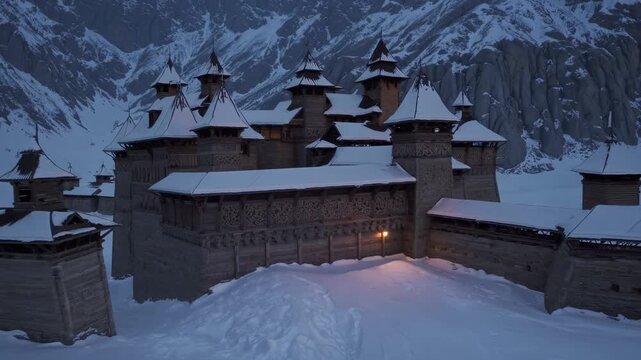 building and fortress form palace compound under snow and mountain backdrop. lantern glows near roof and wall with intricate carving on turret. quiet winter architecture at dusk. snow drift at eave.
