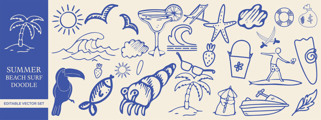Summer Beach Surf Doodle Editable Vector Set for Creative Projects