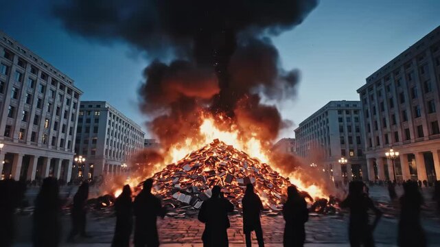 Burning Books - This video shows a pile of books being burned in an outdoor setting, with flames reaching high and smoke billowing into the sky.