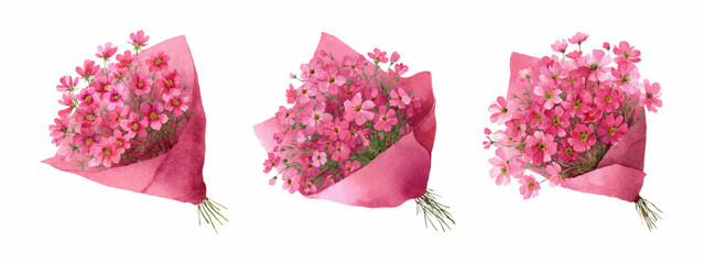 Watercolor set of pink flowers. Romantic small flowers in pink packaging. floral bouquets of flowers for gift and prize. Romantic floral composition collection for wedding, birthday, anniversary.