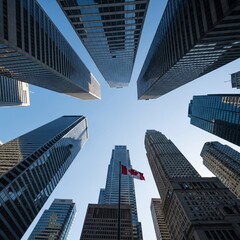 Naklejka premium Canadian flag in downtown financial district, modern skyscrapers skyline, Toronto business cityscape.