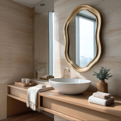 Elegant wavy round bathroom mirror above modern wooden vanity with vessel sink, gold faucet, and city view window
