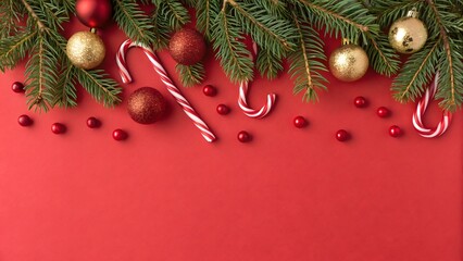 A festive flat-lay composition featuring green fir branches, red and gold ornaments, and candy canes along the top border against a bold red background. A clean, modern Christmas scene full of holiday