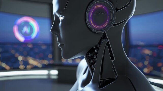 Metal figure contains robot and android in control room. Face detail includes cyborg with lit ai unit. Head presents lit eye and wiring. Display frames city through window. Technology present.