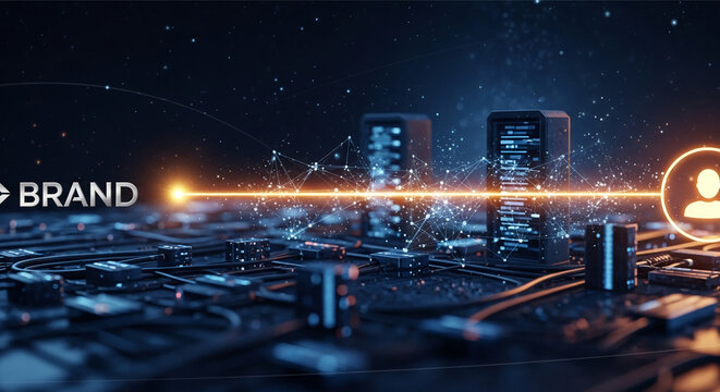 Digital network with connected data servers and glowing line with user icon, showing data transfer and communication, representing technology and connection