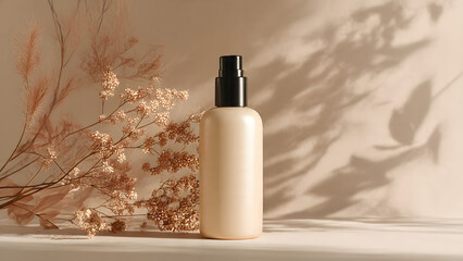 a simple skincare bottle with shadow beige background