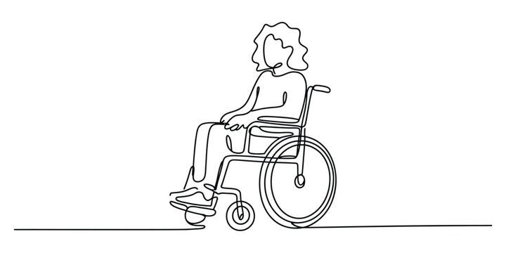 Continuous line drawing of person in a wheelchair, accessibility art.