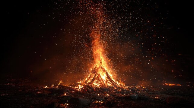 Night bonfire, fiery flames, sparks aloft