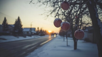 Winter morning street scene with fruit tree at dawn