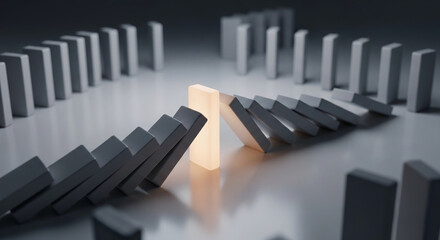 Dominos falling toward an illuminated block, symbolizing interruption of a process, stopping the chain reaction, or a breakthrough moment