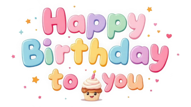 Happy Birthday to You with Cupcake and Candle isolated on transparent background. Bubbly Pastel Font with Star Confetti. Playful Celebratory Scene. - Powered by Adobe