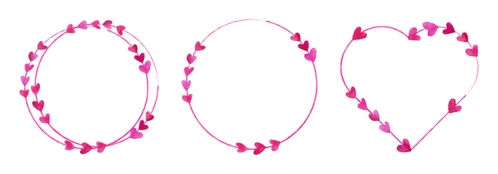 Set of frames in the shape of pink hearts. Watercolor romantic wreaths in the shape of circles and hearts, decorated with small pink and purple hearts. Romantic frames for Valentine's Day.
