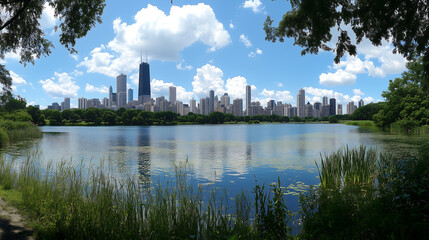 Green golf course by a city skyline beside a wide blue lake, bright day with clean grass trees and open sky