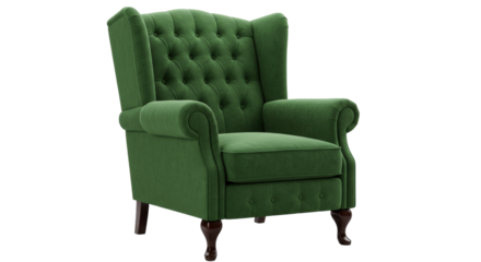 Elegant green wingback armchair isolated, classic tufted accent chair with rolled arms for living room or reading nook