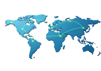 Global network map isolated on transparent background, blue world continents with green connection lines for international business