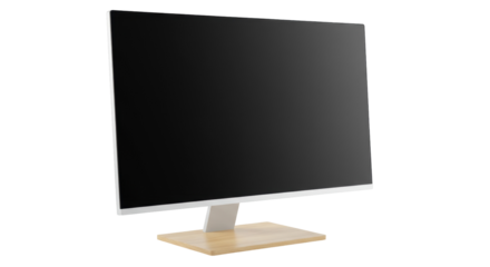 Modern computer monitor isolated on white, sleek display with wooden base for home office and professional use