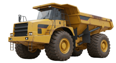 Yellow articulated dump truck isolated, heavy construction vehicle PNG for industrial projects and transportation needs