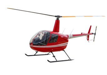 Red Robinson R44 helicopter isolated on transparent background, light general aviation aircraft PNG for transportation and travel