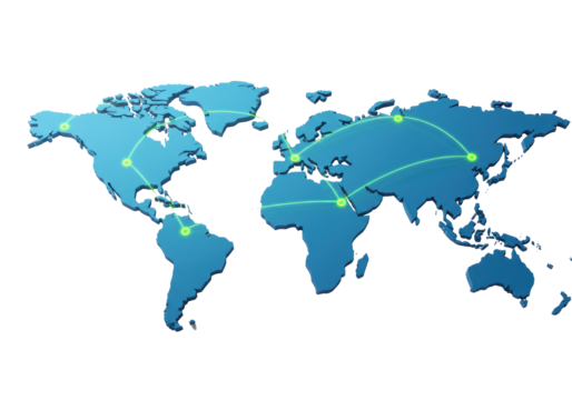 Global network map isolated on transparent background, blue world continents with green connection lines for international business