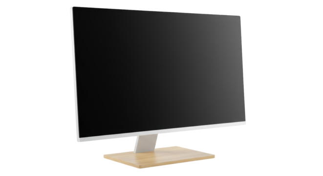 Modern computer monitor isolated on white, sleek display with wooden base for home office and professional use
