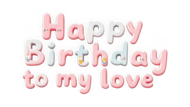 Pink Balloon Happy Birthday to my Love Text isolated on transparent background. 3D Puffy Glossy Pastel Lettering. Festive Confetti Celebratory Message. - Powered by Adobe