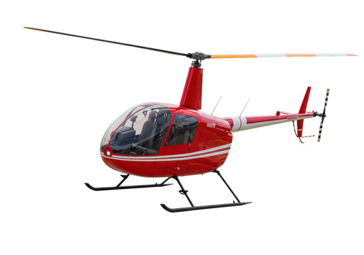 Red Robinson R44 helicopter isolated on transparent background, light general aviation aircraft PNG for transportation and travel