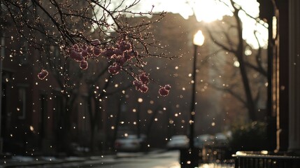Street scene with blossoming tree and hazy sunlight filtering through trees