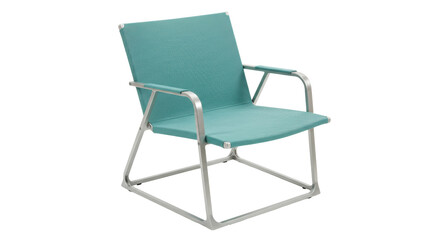 Modern turquoise chair isolated on white, stylish outdoor furniture for patio or garden seating with a sleek metal frame and comfortable fabric seat