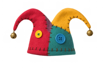 Jester hat with bells and buttons, a colorful felt costume accessory for parties, celebrations, and april fool's day fun