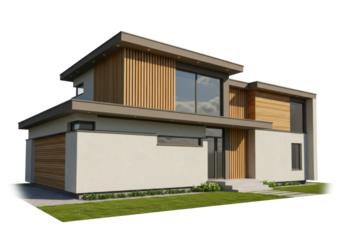 Modern house exterior isolated on transparent background, contemporary home design with wood and stucco facade, architectural rendering