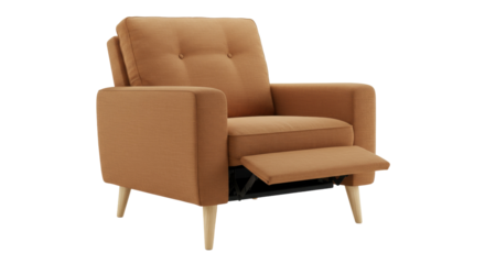 Comfortable caramel-colored recliner chair isolated on a clean backdrop, modern armchair with extended footrest for relaxation and home decor